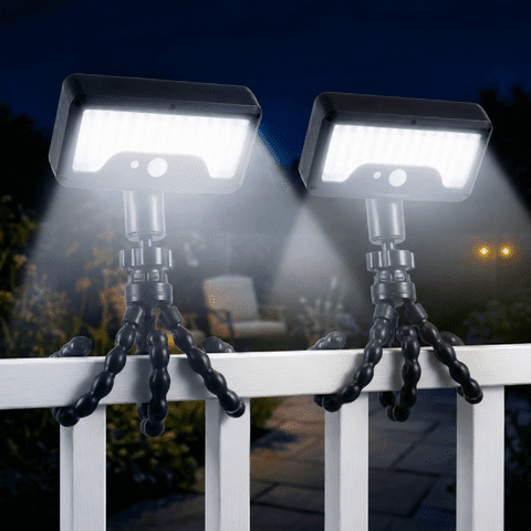 VOLIVO 2-Pack Solar Lights Outdoor with Flexible Octopus Tripod, 600LM Solar Security Motion Sensor Lights with 3 Modes, Waterproof for Camping Fence Patio, 6000K