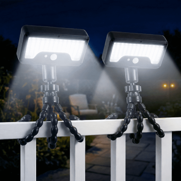 VOLIVO 2-Pack Solar Lights Outdoor with Flexible Octopus Tripod, 600LM Solar Security Motion Sensor Lights with 3 Modes, Waterproof for Camping Fence Patio, 6000K