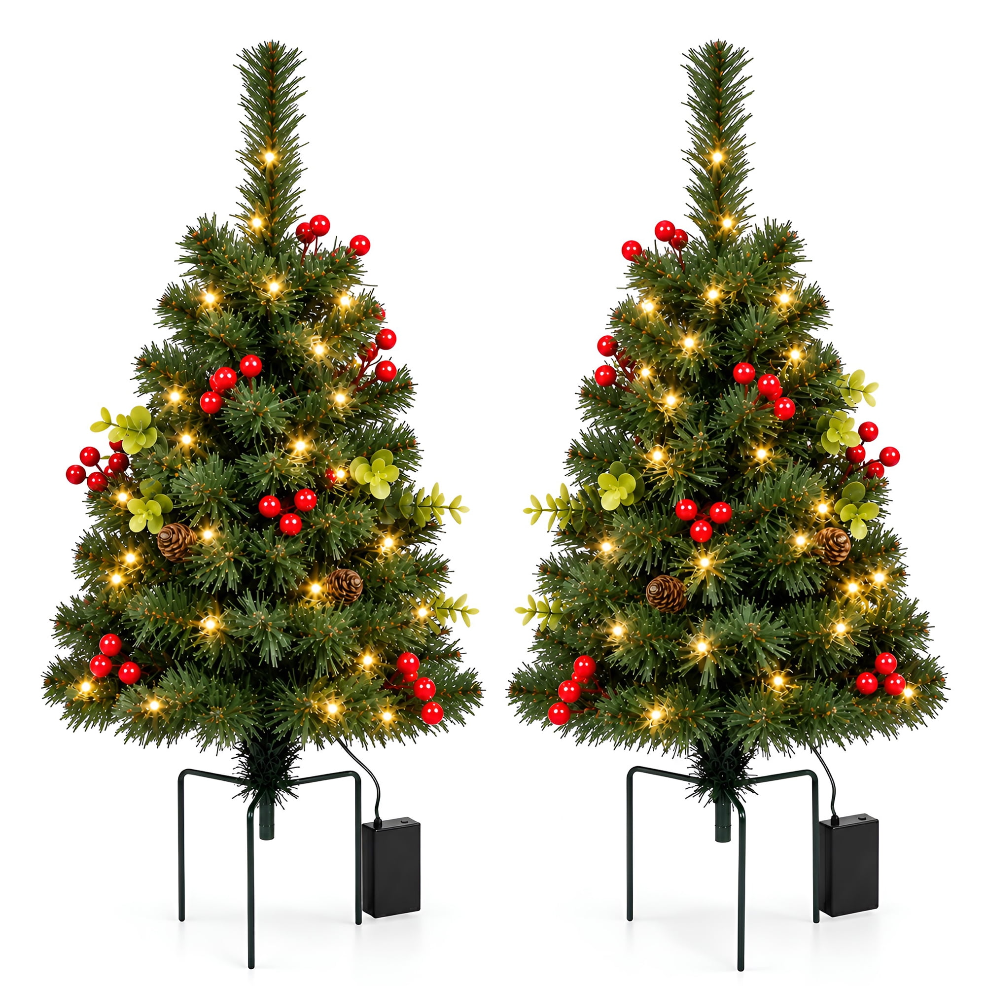 VOLIVO 2ft Mini Christmas Trees, 2 Pack Christmas Urn Fillers with 35 Warm White Lights & 67 Tips & Assorted Decorations, for Flower Pots, Outdoor Planters, Pathway, Yard