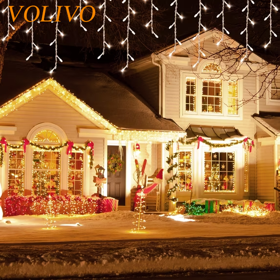 VOLIVO Outdoor String Lights, 33ft Warm White Icicle Lights with 360 LEDs, 60 Drops Ice Cycle String Lights, 8 Modes for Fireplace and Wedding Decorations