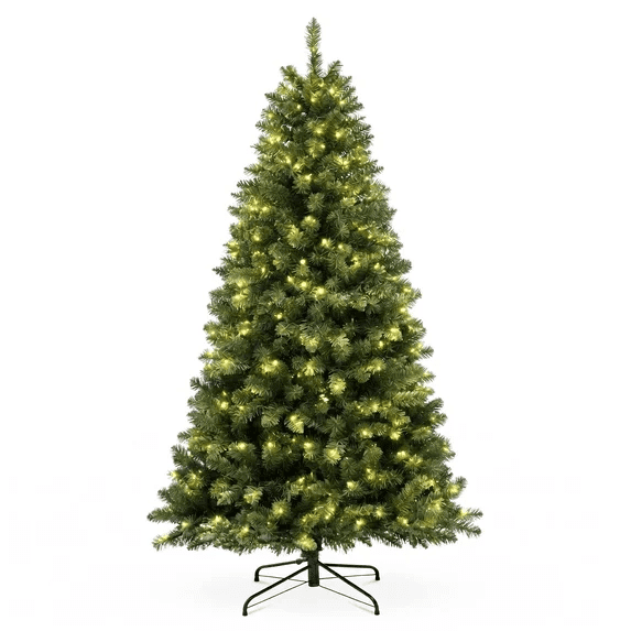 VOLIVO 9ft Christmas Tree Artificial, Pre-lit with 550 LED Warm White Lights, 2000 Branch Tips, Foldable Sturdy Metal Stand for Festival Home, Office Decor, Indoor and Outdoor