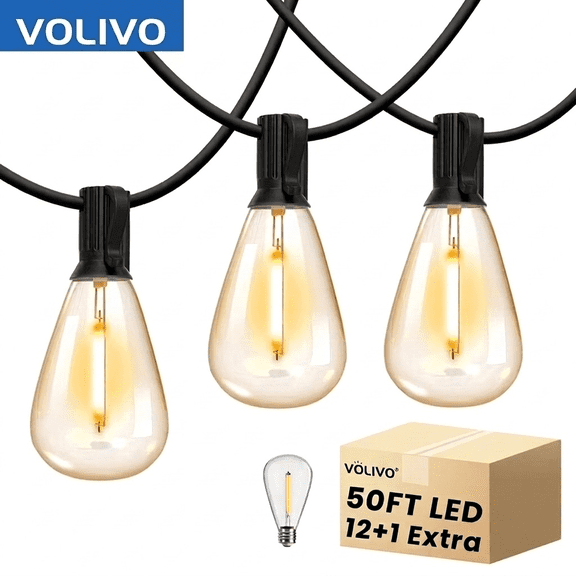 VOLIVO 50FT Outdoor String Lights, 12 S11 Hanging Bulbs + 1 Spare, Connectable Patio Hanging Lights, Waterproof for Backyard, Gazebo, Porch, Garden