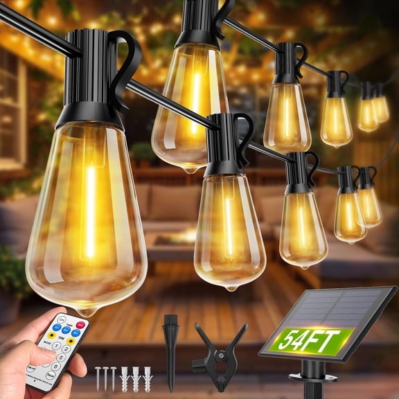 VOLIVO 54FT ST38 Solar String Lights Waterproof,Patio Lights Solar Powered with Remote & USB Port 16+1 LED Shatterproof Bulbs 8 Light Modes, Dimmable Solar Light for Camping Backyard Garden