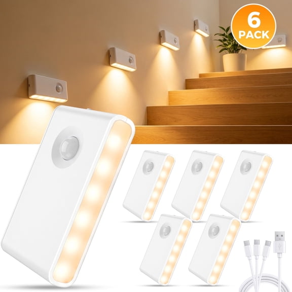 VOLIVO 6 Pack LED Motion Sensor Night Lights, Warm White Battery Operated Indoor Lights for Stairs, Hallway, Bathroom, Bedroom, Kitchen and Closet