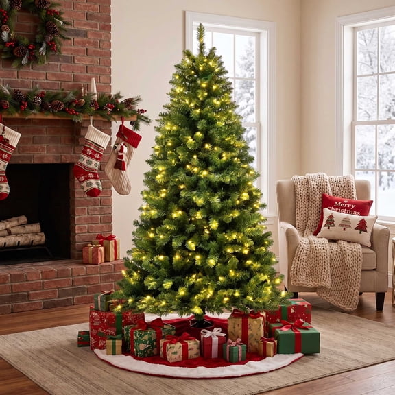 VOLIVO 7.5ft Christmas Tree Artificial, Pre-lit with 450 LED Warm White Lights, 1300 Branch Tips, Foldable Sturdy Metal Stand for Festival Home, Office Decor, Indoor and Outdoor