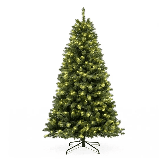 VOLIVO 7.5ft Christmas Tree Artificial, Pre-lit with 450 LED Warm White Lights, 1300 Branch Tips, Foldable Sturdy Metal Stand for Festival Home, Office Decor, Indoor and Outdoor