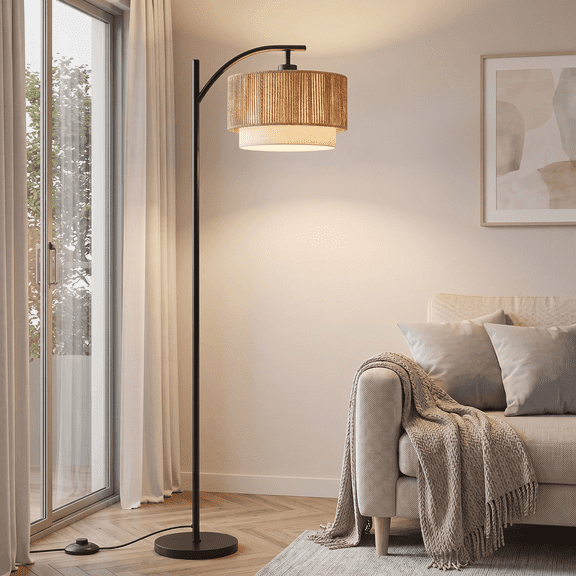 VOLIVO Arc Floor Lamp for Living Room, Farmhouse Floor Lamps with 3 Color Temperatures, Unique Hanging Douoble Drum Lampshade, for Bedroom, Living Room