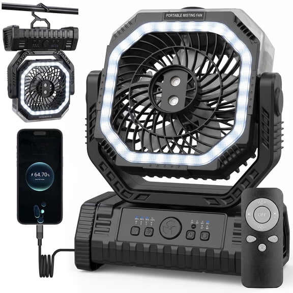 VOLIVO 3-in-1 Portable Camping Misting Fan with Remote, 10000mAh Rechargeable Battery, 350mL Water Tank, 4-Speed Auto-Oscillating Tent Fan with LED Light & Power Bank, Outdoor, Black