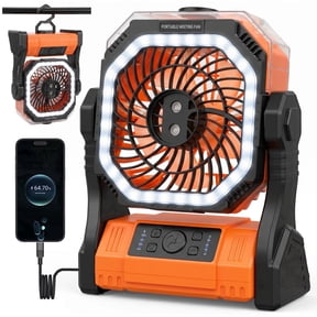 VOLIVO 3-in-1 Portable Camping Misting Fan, 10000mAh Rechargeable Battery, 350mL Water Tank, 4-Speed Tent Fan with LED Light & Power Bank, Outdoor Fan for Patio, Beach, Camping, Orange