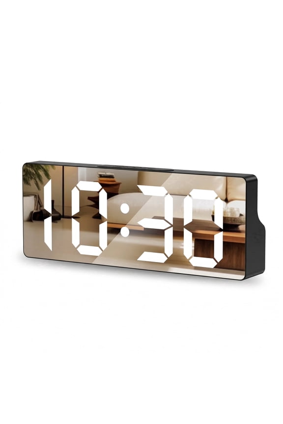 LED Digital Alarm Clock, Mirror Surface, Voice Control, 3 Brightness Levels, Snooze, Date and Temperature Display, Black for Bedroom Desk