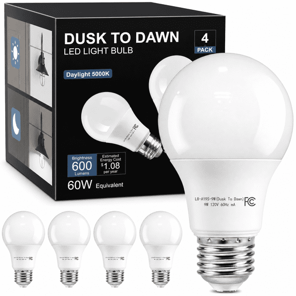 VOLIVO Dusk to Dawn Light Bulbs Outdoor 60 Watt Equivalent, Automatic On/Off Sensor LED Light Bulb, 9W Daylight 5000K, 800Lumen, A19 E26 Bulbs,4pack.