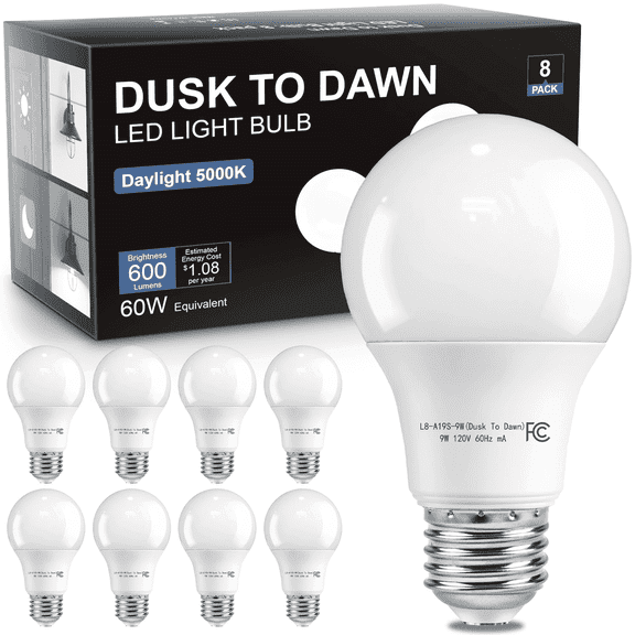 VOLIVO Dusk to Dawn Light Bulbs Outdoor 60 Watt Equivalent, Automatic On/Off Sensor LED Light Bulb, 9W Daylight 5000K, 800Lumen, A19 E26 Bulbs,8pack.