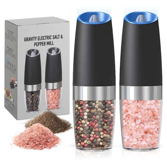 VOLIVO Electric Salt and Pepper Grinder Set, Gravity Automatic Spice Mills with LED Light, 5 Adjustable Coarseness Levels, Battery Operated for Kitchen, BBQ & Gifting