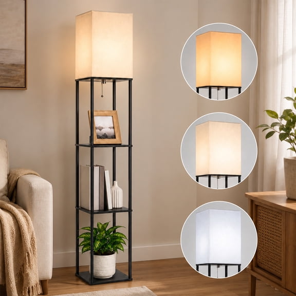 VOLIVO Floor Lamp With Shelves, 62” Black Shelf Floor Lamp with 9W LED Bulb, 3 Color Temperature, Modern Standing Lamp for Living Room, Bedroom, Office, Corner