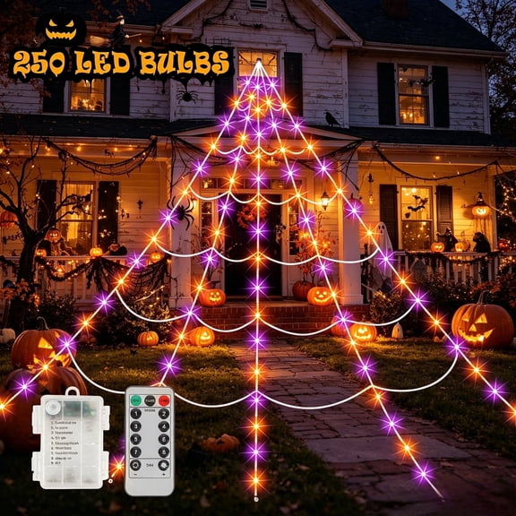 VOLIVO Halloween Outdoor Spider Web Light, 250 Purple and Orange LED Lights Decoration, 15.7 x 16.4 FT Triangular Spider Web, Waterproof & Remote-Controlled for Outdoor Indoor Yard