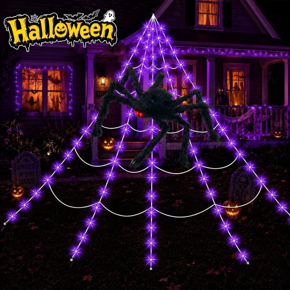 VOLIVO Halloween Spider Web Lights, 5 FT Giant Spider + 15.7 x 16.4 FT Light-up Triangular Spider Web, 250 LED Remote-Controlled Waterproof Decor Light for Outdoor Indoor (Purple Light)