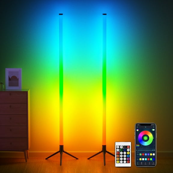 VOLIVO LED Corner Floor Lamp,360°Color Changing Lamp with Bluetooth APP, Remote Control, Music Sync, 16 Million DIY Colors & Timing for Living Room Gaming Room(2pack)