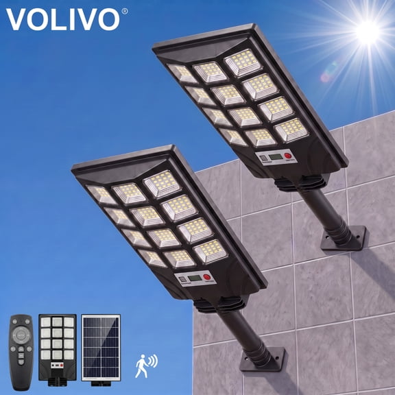 VOLIVO Outdoor Solar Street Lights 192Leds 2packs, 6500K Highlight Flood Lights with Motion Sensor, Remote Control, Waterproof Lights for Parking Lot, Yard, Porch
