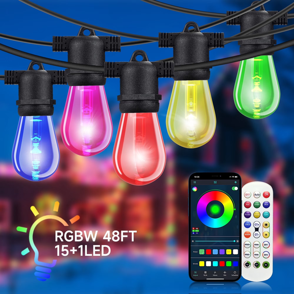 Volivo Outdoor String Lights 48ft, S14 15 Bulbs Rgb Patio Lights with Remote & App, Dimmable Hanging Lights for Garden Yard Porch Party Decor