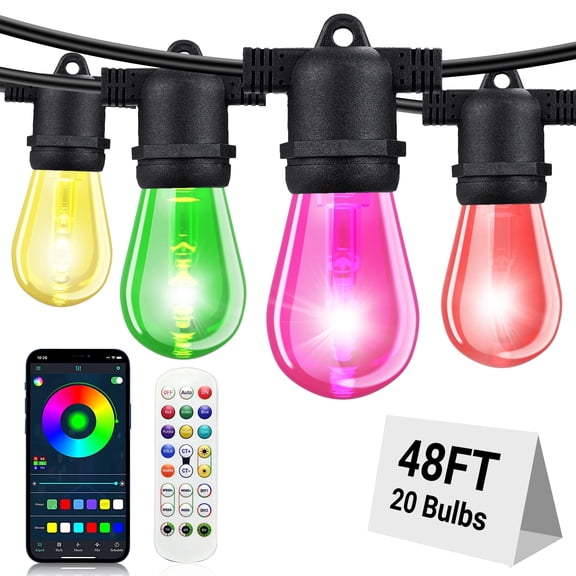 VOLIVO Outdoor String Lights, 48ft RGBIC Patio Lights with 20 Bulbs, Waterproof Shatterproof, Remote & App Control, for Garden Christmas Decor