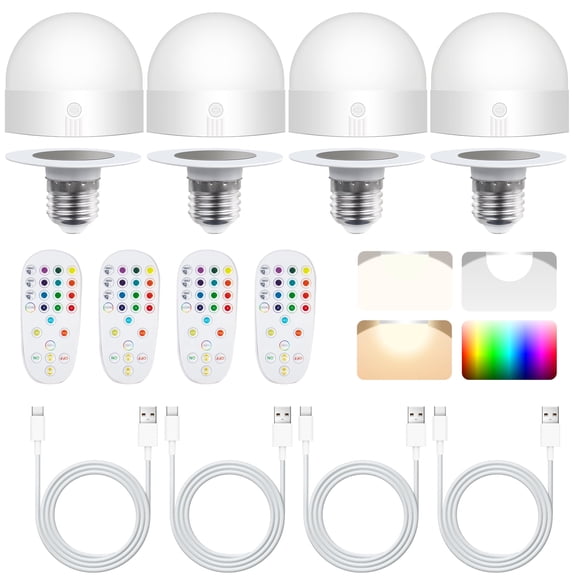 VOLIVO Rechargeable Light Bulb with Remote,Backup Bulb for Sconces and Lamps,Magnetic Bulbs for Non-Hardwired Fixture,E26,3 Color Temperatures + RGB Colors,Dimmable, 4 Pack
