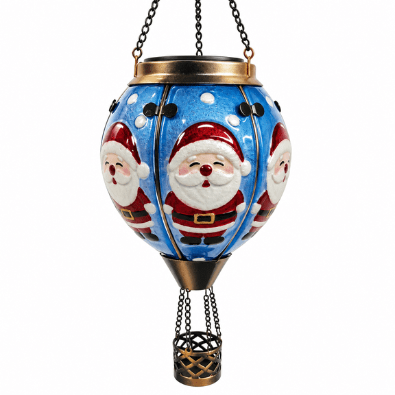 Volivo Santa Claus Hot Air Balloon Solar Lantern, Christmas Glass Hanging Lantern with Flickering Flame LED, Waterproof for Garden Yard Patio Decor