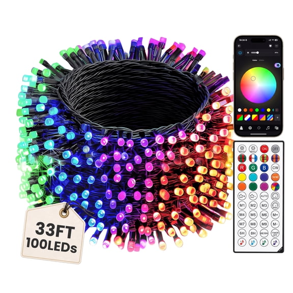 VOLIVO Smart RGB String Lights, 33FT 100LEDs Color Changing Lights, Remote & APP Control, Music Sync Fairy Lights, Waterproof for Indoor, Outdoor, Bedroom, Party Decor