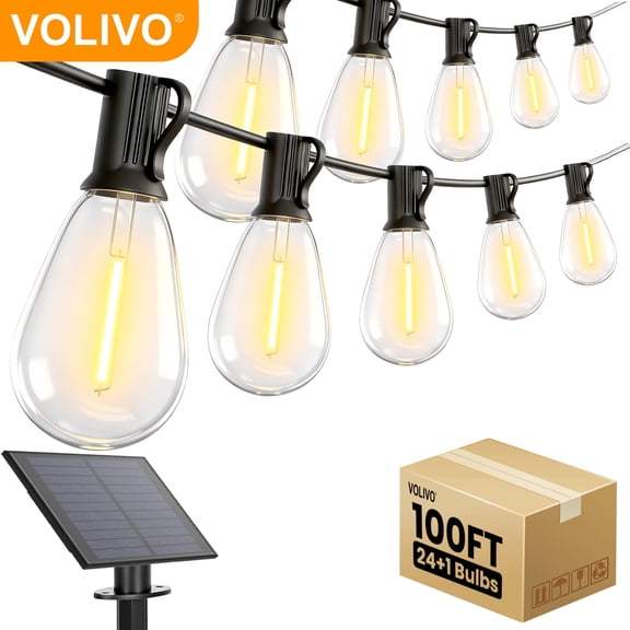 VOLIVO Solar Outdoor String Lights, 100FT S14 String Lights with 24 Shatterproof Bulbs, Waterproof Hanging Patio Lights for Porch, Patio