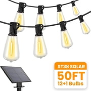 Volivo Solar Outdoor String Lights 50FT, ST38 Patio Lights with 12 Vintage Edison Bulbs Shatterproof, Waterproof for Porch, Deck, Garden, Backyard