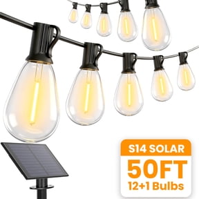 VOLIVO Solar Outdoor String Lights, 50FT S14 String Lights with 12 Bulbs, Waterproof & Shatterproof, for Porch, Backyard, Holiday