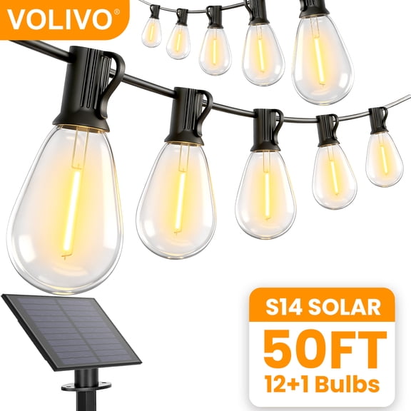 VOLIVO Solar Outdoor String Lights, 50FT S14 String Lights with 12 Bulbs, Waterproof & Shatterproof, for Porch, Backyard, Holiday