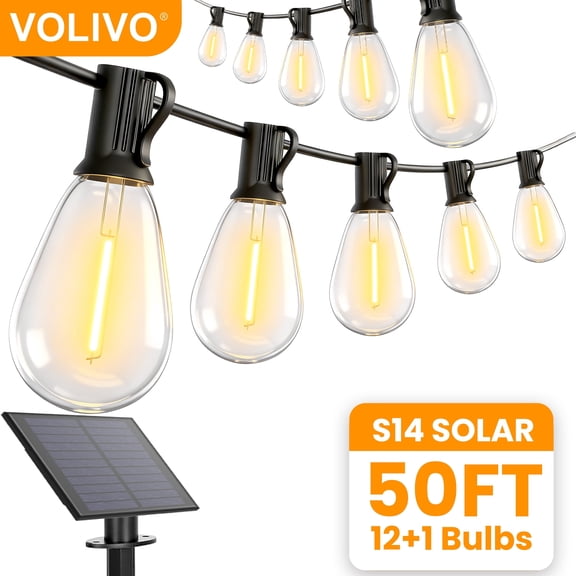 VOLIVO Solar Outdoor String Lights, 50FT S14 String Lights with 12 Bulbs, Waterproof & Shatterproof, for Porch, Backyard, Holiday
