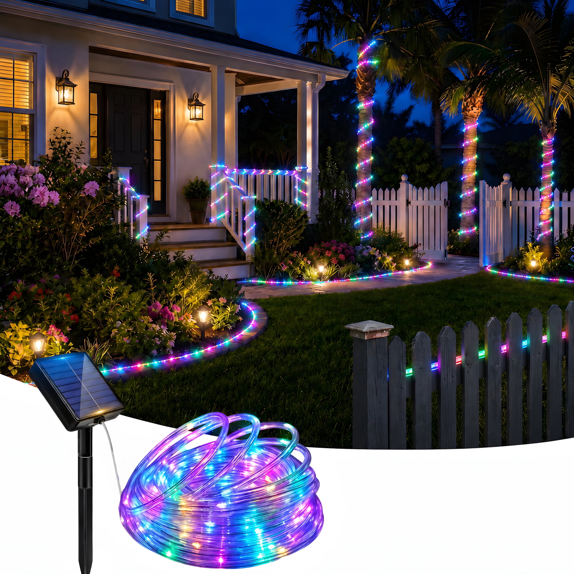 Multi Rope Light VOLIVO Solar Rope Lights Outdoor, 33Ft Multi-color String Lights with 8 ...