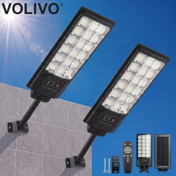 VOLIVO Solar Street Lights 216 LEDs 2packs, 6500K Highlight Flood Light with Remote Control, Motion Sensor Dusk to Dawn, IP65 Waterproof for Parking Lot, Patio, Yard