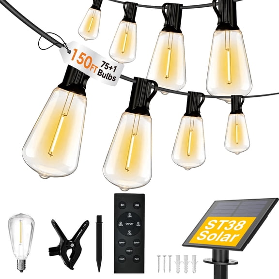 Volivo Solar Outdoor String Lights 150FT ST38, 75 Bulbs Patio Light with Remote Control, Usb Powered, Shatterproof Waterproof for Porch Backyard Garden Decor