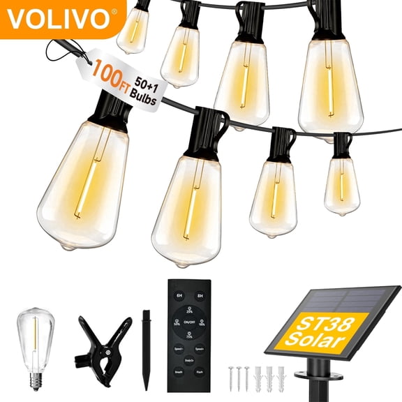 Volivo Solar Outdoor String Lights 100FT ST38, 50 Shatterproof Bulbs with Remote Control, USB Powered, Waterproof Patio Lights for Backyard Garden