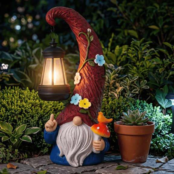 Volivo Solar Gnome Garden Statue, Resin Gnome Lantern with Ambient Lamp, Waterproof Outdoor Decor for Patio Garden Pathway, Holiday Gift for Mom Grandma