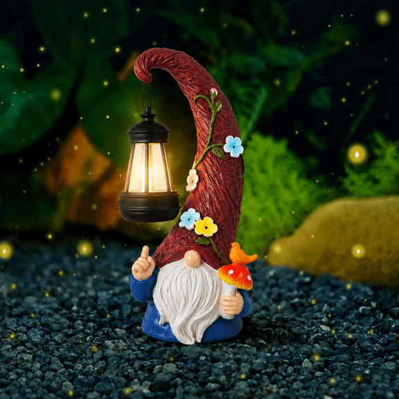 Volivo 13inch Garden Gnome Statue, Solar Powered Gnome Decor with LED Lantern, Waterproof for Patio Garden Pathway