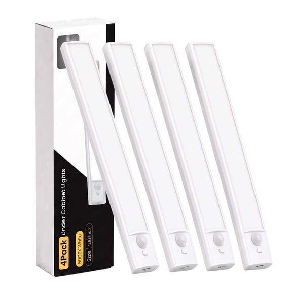 VOLIVO White Light Under Cabinet Lighting, USB Rechargeable Closet Lighting with Motion Sensor and Magnetic Strip for Wardrobe & Kitchen, Wireless Lighting, 4?Pack