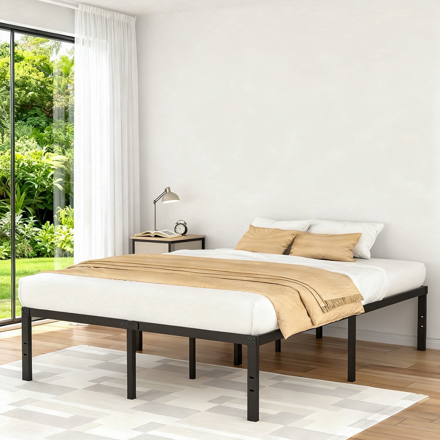 VOLIX 16" Black HighProfile Metal Bed Frame Headboard Compatible Platform Bed Frame, Full