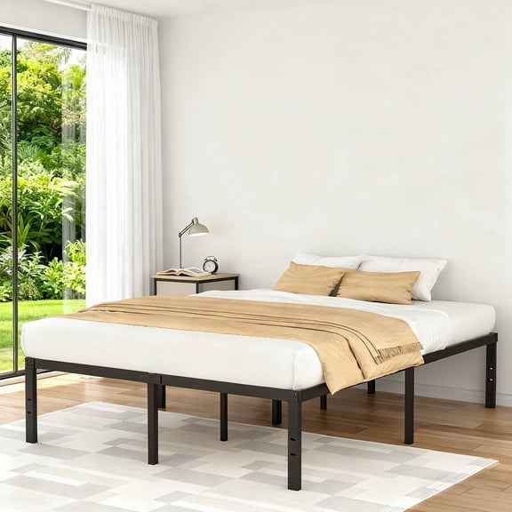 VOLIX 16" Black HighProfile Metal Bed Frame Headboard Compatible Platform Bed Frame, Full