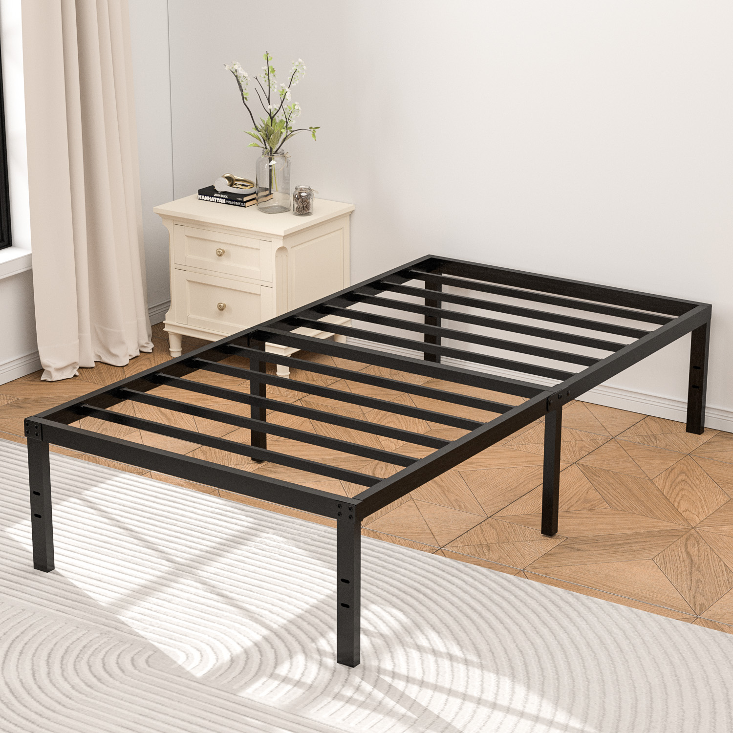 VOLIX 16 Black Metal Bed Frame Headboard Compatible Platform Bedframe Twin