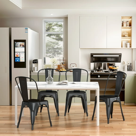 VOLIX 33'' Black Metal Dining Chair Stackable Side Chair  Outdoor Indoor Patio Chair (Set of 4)