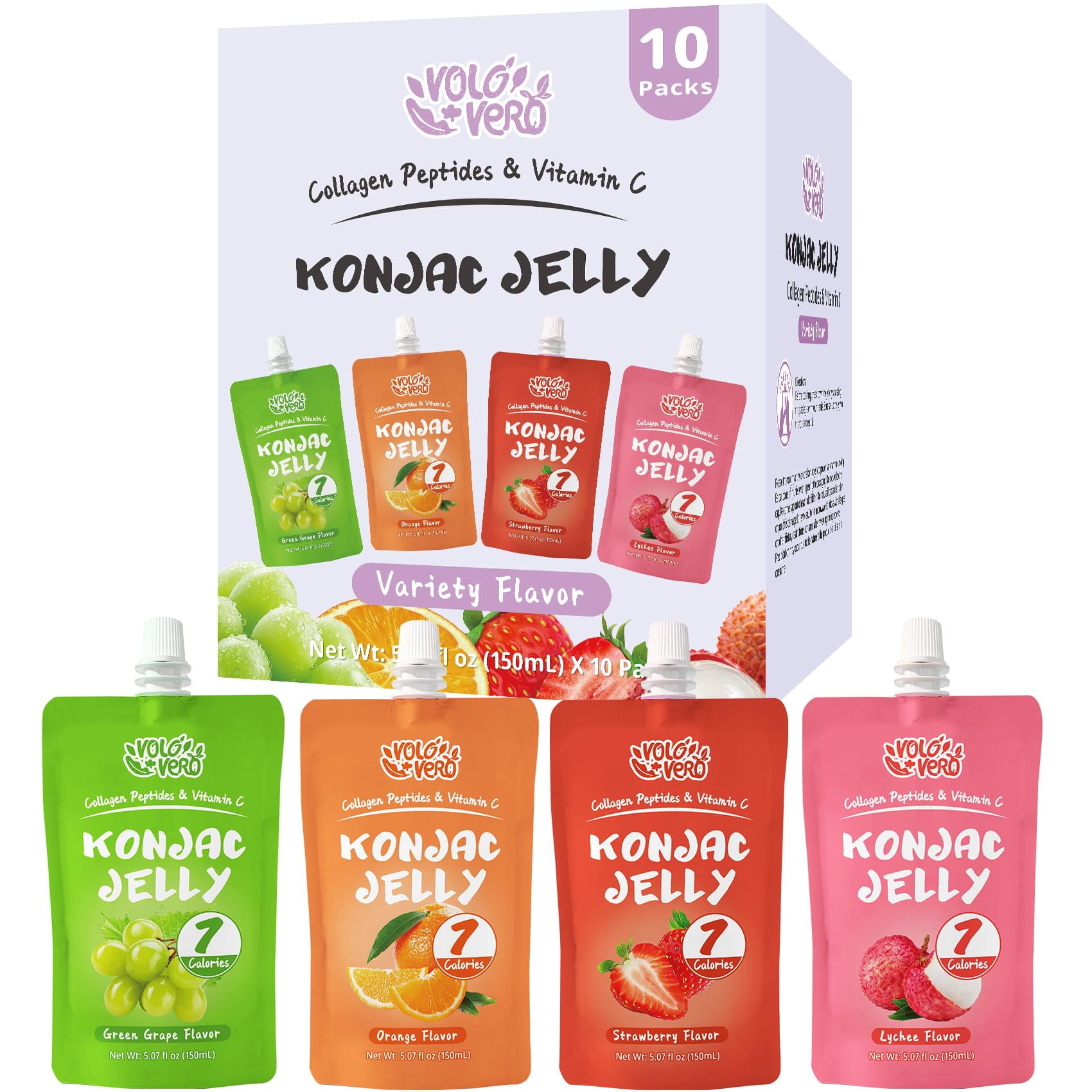 VOLO VERO Konjac Jelly Pouch MDA05&nbsp;Drinkable Variety Pack, 7 Calories, 10 Pack, 0 Sugar, Gluten Free, Keto, Vitamin C Healthy Fruit Snacks - Flavors Include Lychee, Strawberry, Orange, Grape