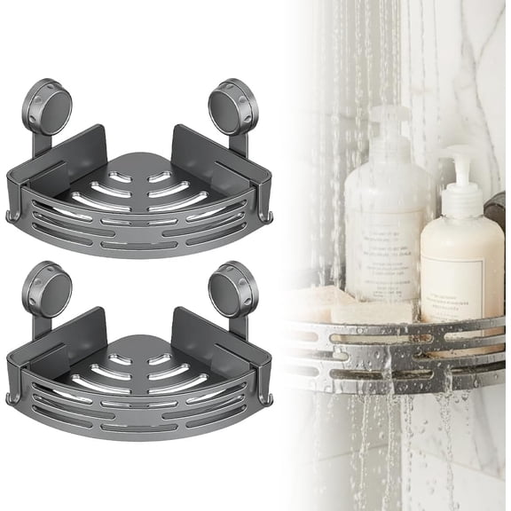 VOLPONE Corner Shower Caddy Suction Cup Shower Shelf Corner No Drilling Bathroom Shower Organizer Storage Rack Adhesive Without Towel Bar (2Pack, Gray) P
