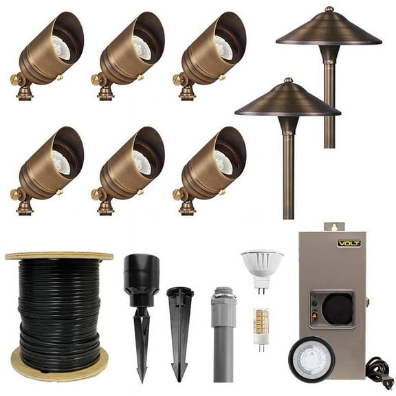VOLT Brass Landscape Lighting Kit (6 Spotlights, 2 Path Lights)