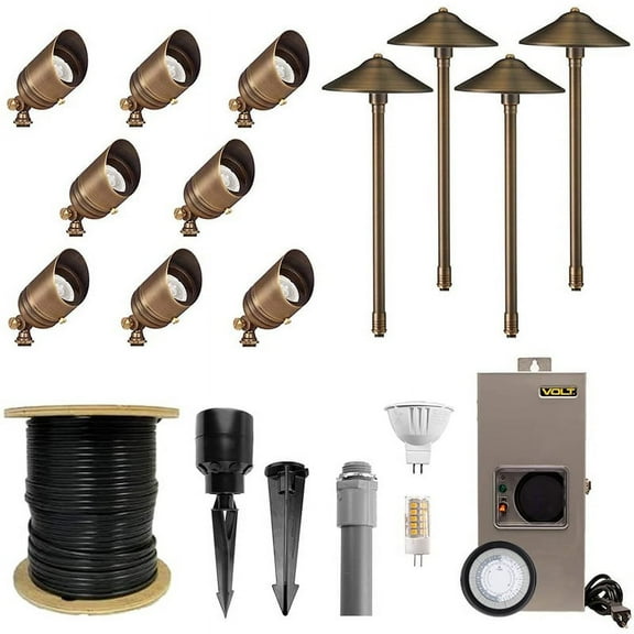 VOLT Brass Landscape Lighting Kit (8 Spotlights, 4 Path Lights)