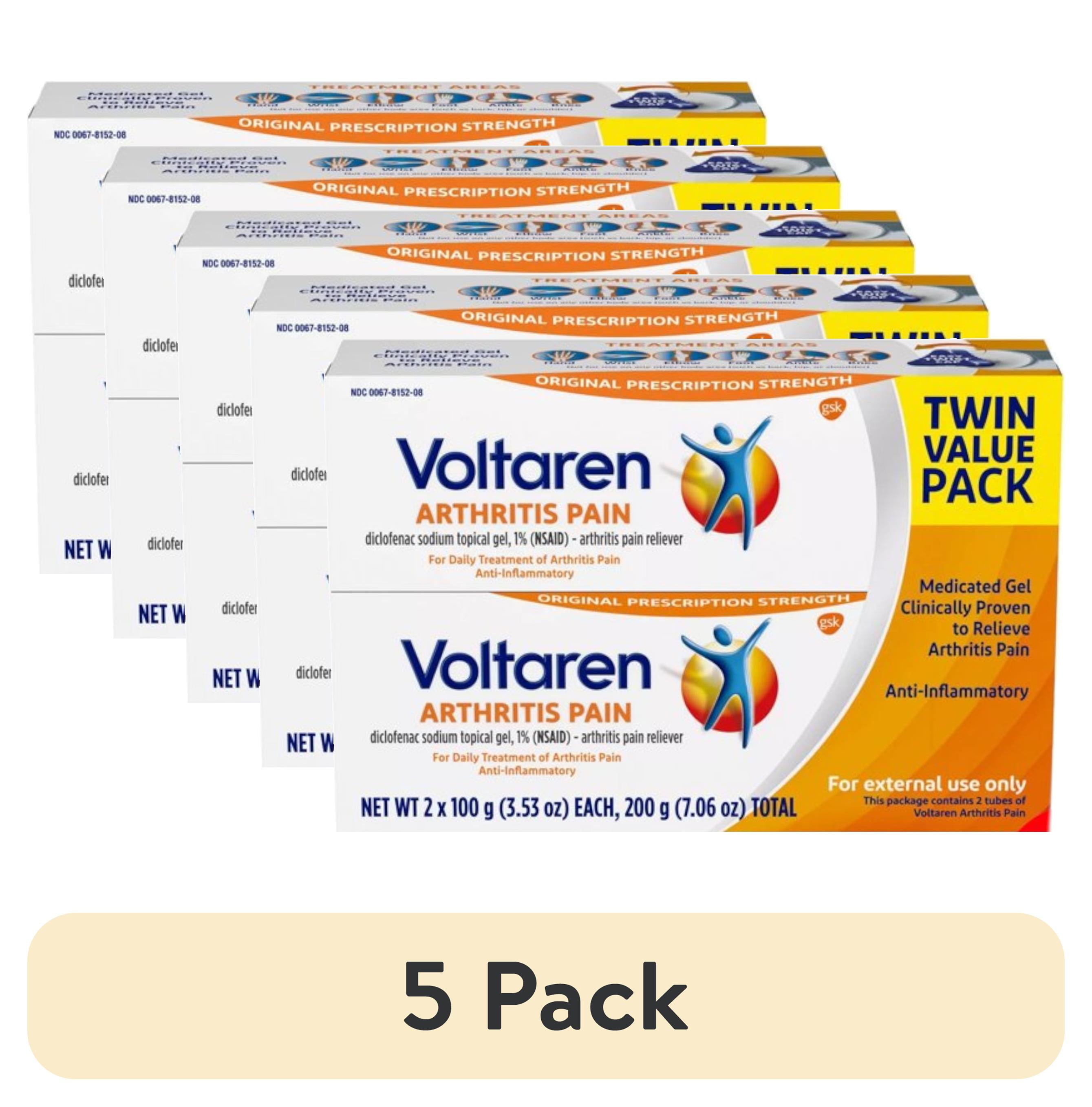 (5 pack) Voltaren Arthritis Pain Relief Gel, Diclofenac Sodium 1% (NSAID), Original Prescription Strength, Twin Value Pack, 2 Tubes 3.53 oz Each (7.06 oz Total)