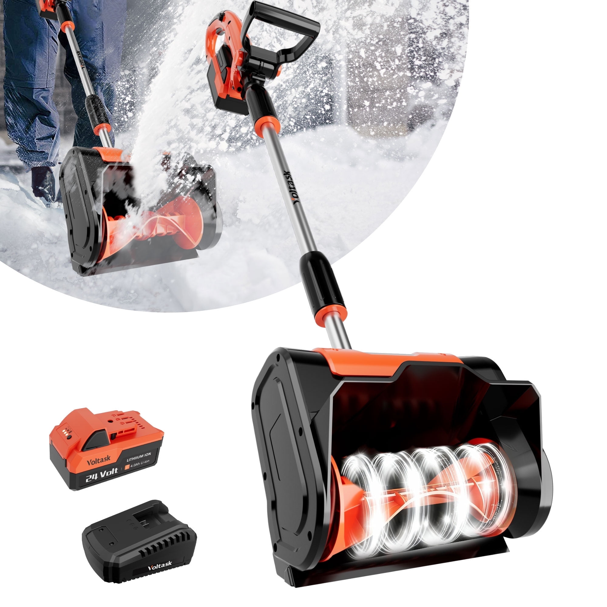 VOLTASK 24V 11-inch Cordless Snow Shovel 7.3lbs Lightweight Electric Snow Blower with 4-Ah Battery & Quick Charger Included for Driveway & Sidewalks