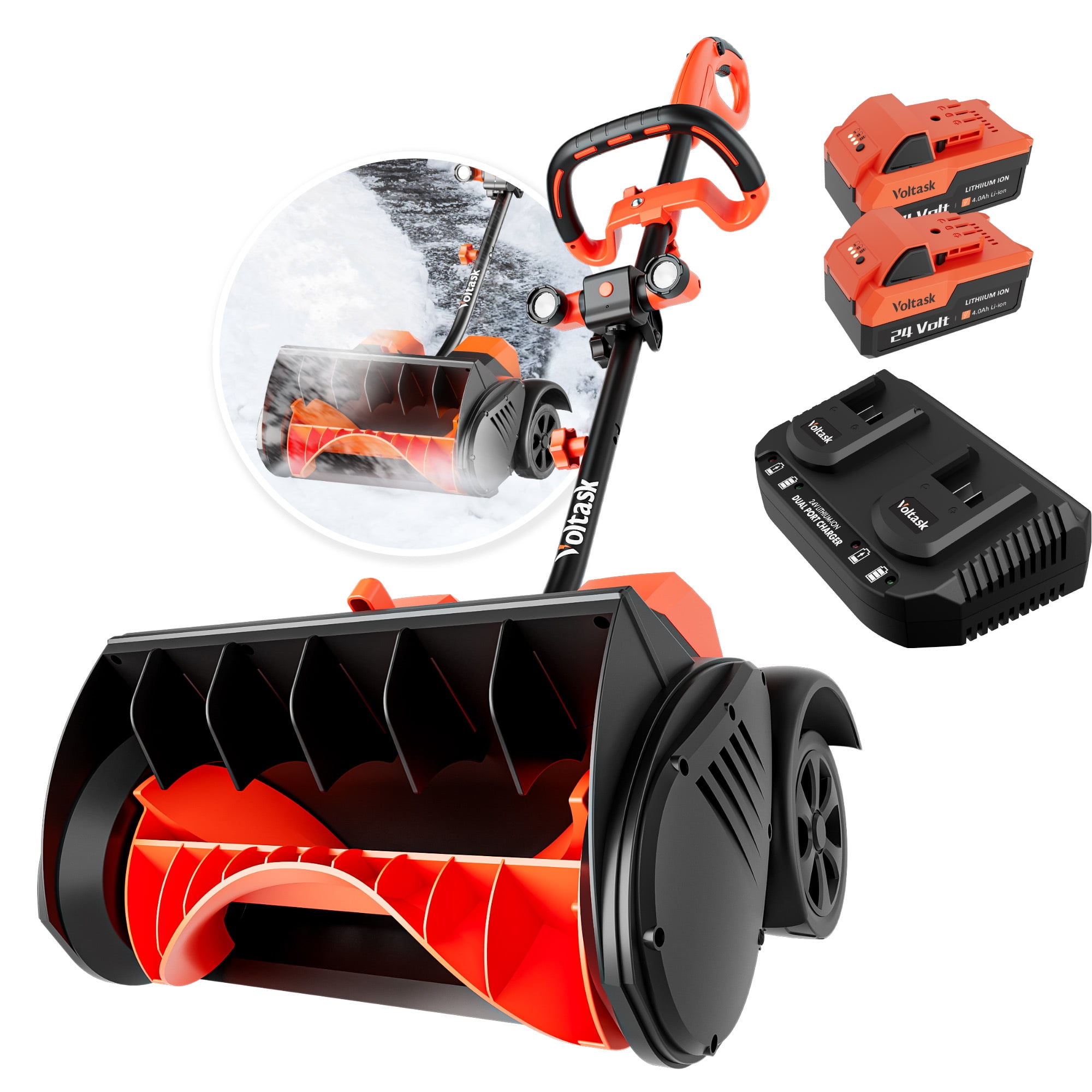 VOLTASK 48V 16-inch Cordless Snow Shovel with Wheels, LED Lights, 2 Batteries & Dual Quick Charger Included